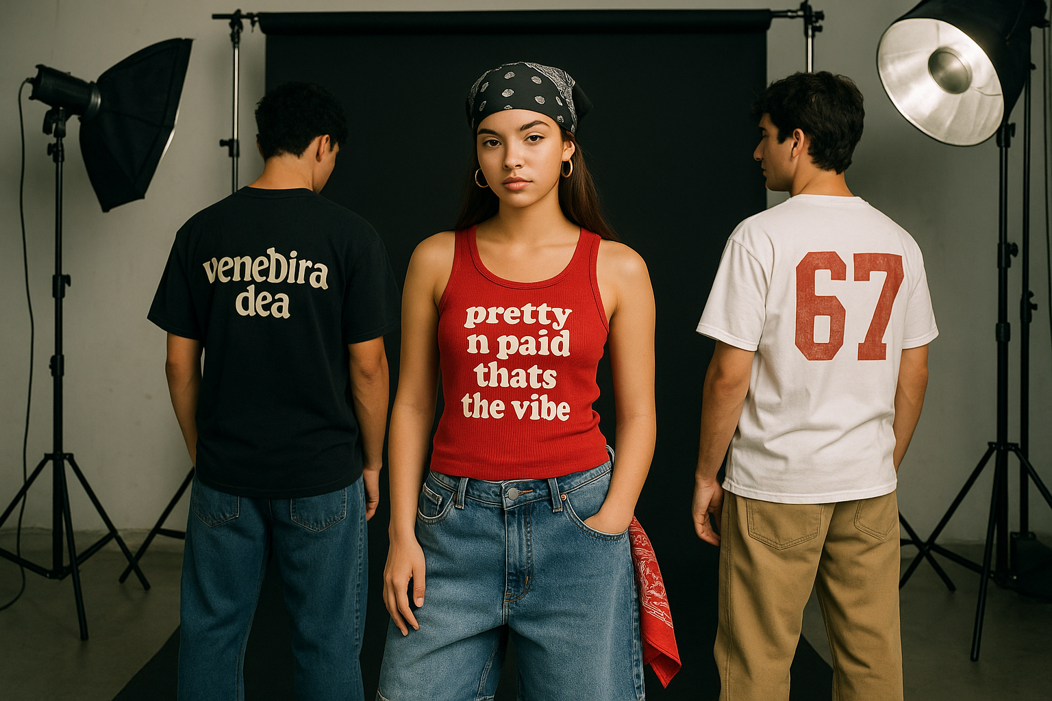 the guy on the right needs to wear a white t shirt with a number 67 in red ink and the the tank top says 'pretty n paid thats the vibe' 